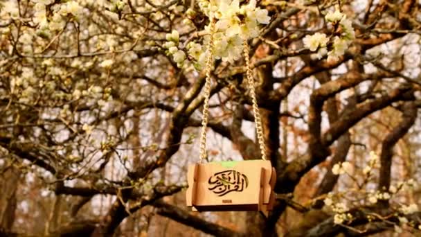 Hora del Ramadán. Islam símbolo de religión. Corán en miniatura en una caja de madera con caligrafía islámica en una cadena sobre ramas florecientes de primavera en el sol.Hand sostiene el mini Corán en ramas con flores blancas. — Vídeos de Stock