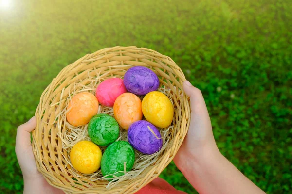 Охота на пасхальные яйца. Пасхальные яйца, посаженные в корзину в детские руки на зеленом фоне травы. Собираю яйца. Религиозные традиции праздника. Цветные пасхальные яйца. Пасхальный символ. — стоковое фото