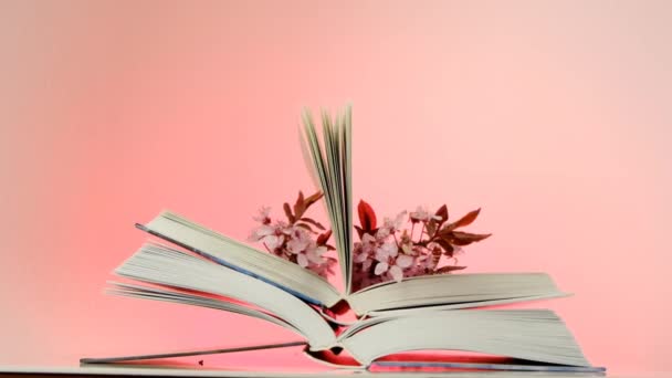 Vårböcker. Öppen bok med rosa blommande grenar närbild på en ljusrosa bakgrund.Böcker om växter och blommor. Romantisk bok — Stockvideo