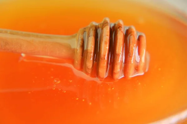 Honigstange. Flüssiger Honig in einem transparenten Glas mit dipper.stick für Honig in einer Tasse. Gesunde natürliche Süße. Biohonig. — Stockfoto