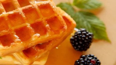Belçika waffle 'ı. Ballı kek. Böğürtlenli ev yapımı tatlı hamur işleri. Lezzetli tatlı. Meyveli taze pişmiş yiyecekler. Lezzetli kahvaltı. Bal ve böğürtlenli waffle..