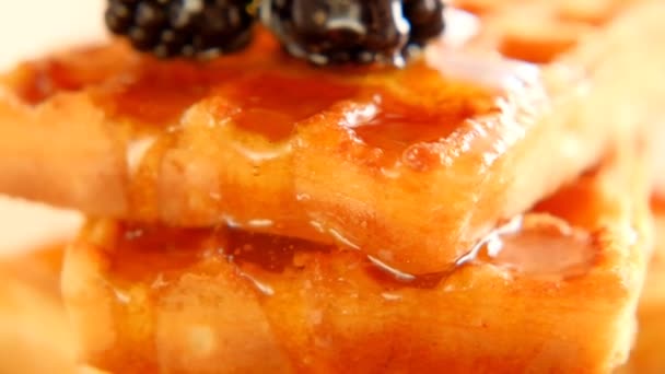 Belgian waffles.Homemade sweet pastries with berries. delicious dessert.Fresh baked goods with berries. Baking with honey.Tasty breakfast.waffles with honey and blackberries. — Stock Video