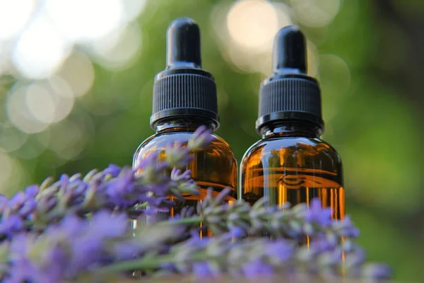 Lavender Essential Oil . Lavender oil and lavender sprigs on green background.Organic Lavender Oil Glass Bottles.natural cosmetics — Stock Photo, Image