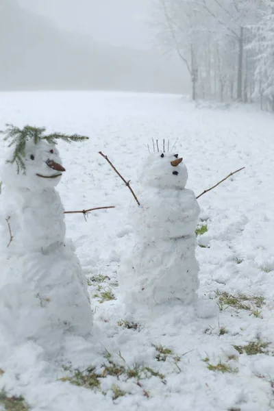 雪人夫妇在雪地里。雪人形象。雪雕。冬天的乐趣和游戏。圣诞和新年佳节。冬季 — 图库照片