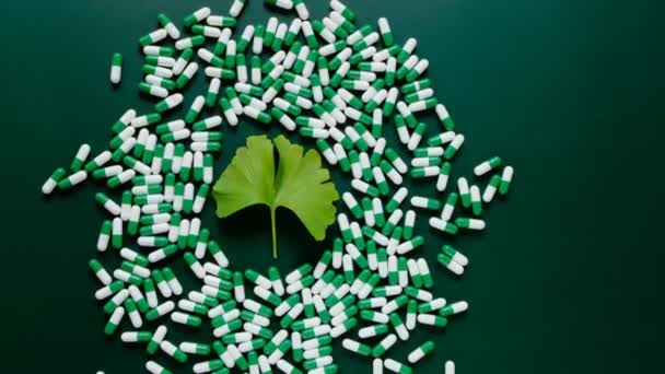 Зеленый гинкго билоба лист и овощные белые зеленые капсулы на зеленом фоне — стоковое видео