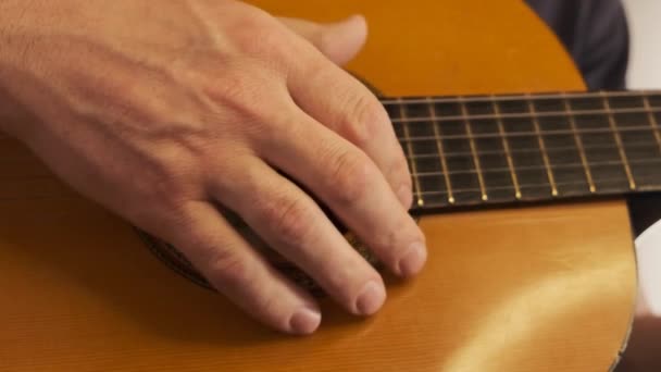 Mano en las cuerdas de una guitarra.Guitarrista.Concepto de música e instrumentos musicales. Melodía y música — Vídeos de Stock