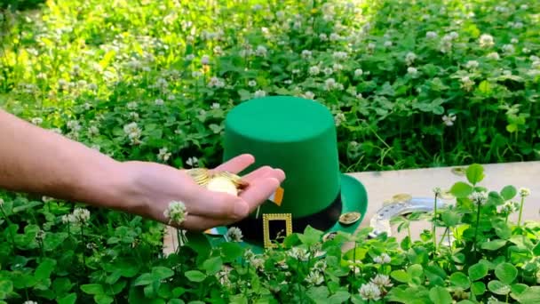 Saint Patrick festive background.Hand with coins,Green leprechaun hat on a wooden board in green clover.St.Patrick s Day.Irish traditional spring holiday. — Vídeo de Stock