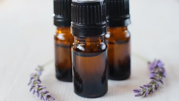Lavender essential oil.Bottles of essential oil set and lavender flowers — Vídeo de Stock