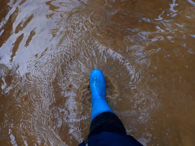Bahar göleti. Su birikintisi yürüyüşü. Ayaklar mavi lastik botlarda baharda çamurlu suda. Suda adımlar. Botlar su birikintilerinde yürüyor..