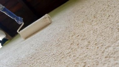 Dışarıda tadilat var. Paten evin duvarlarını bej kum rengiyle boyuyor. Duvarları boyuyor. İnşaat ve yenileme 