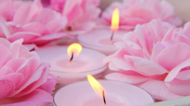 Rose candele profumate.Fiamma di candela.Rosa candele ardenti e rose rosa in acqua.Aromaterapia e concetto di spa. Candele sfondo. Set di candele accese — Video Stock