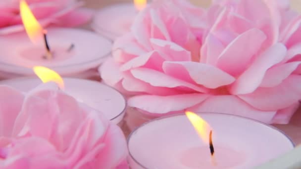 Świece różowe.Aromaterapia i spa.Burning świece zestaw. Płomień świecy.Różowe płonące świece i różowe róże w wodzie. Tło świec. — Wideo stockowe