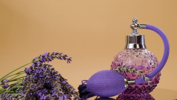 Lavendel Parfüm und Lavendelblüten auf beigem Hintergrund. Rotation. — Stockvideo