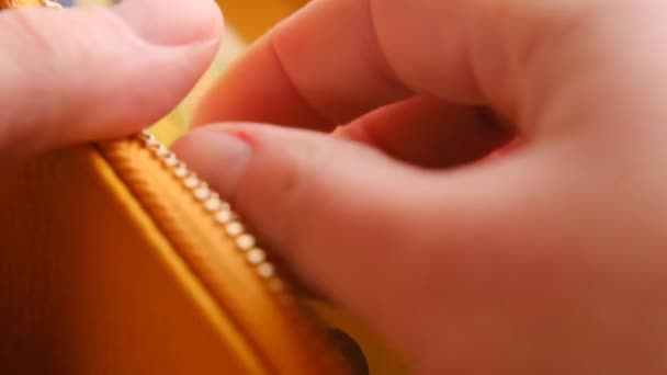 Гаманець з грошима. Євро купюри в жовтій сумочці в жіночих руках на світлому задньому плані. Валюта Європейського Союзу — стокове відео