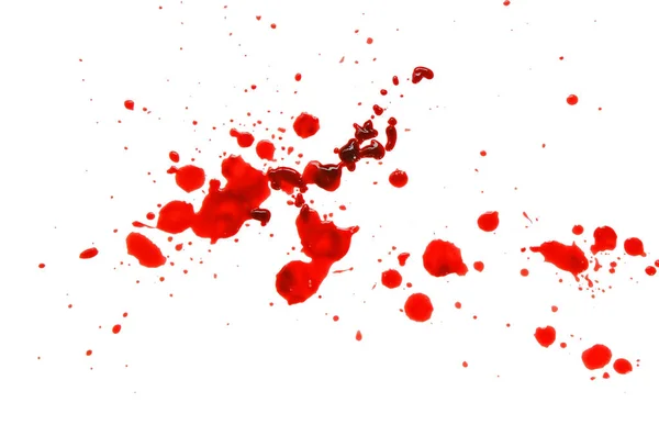 Salpicos de sangue vermelho e gotas isoladas sobre fundo branco com gradiente vermelho.Cena do crime. Assassinato e crime — Fotografia de Stock