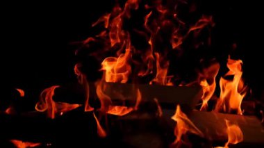 Yanan şenlik ateşi. Kıvılcımlar ve alevler. Şenlik ateşinde yanan odun..