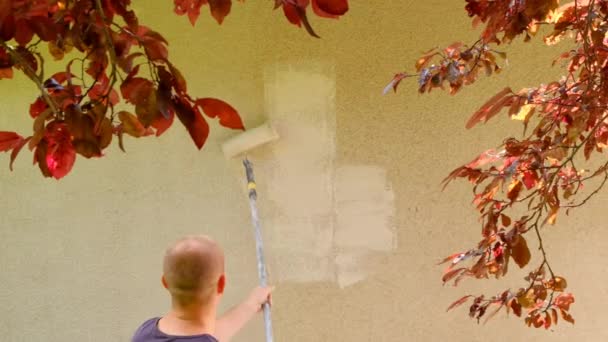 在阳光明媚的夏日，一个男人用滚筒在家里画了一堵墙. — 图库视频影像