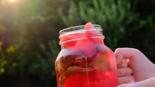 Cocktail de melancia com stevia n uma mão de crianças close-up. Cocktail vermelho de melancia, gelo e stevia no fundo verde do jardim turvo. Bebida dietética de baixa caloria com adoçante natural — Vídeo de Stock