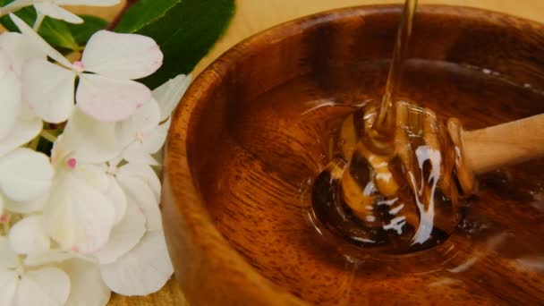 Productos de miel de flor.apicultura. Curando el postre. Miel fresca ecológica. Dulce miel de verano. — Vídeos de Stock