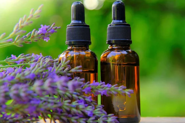 Lavendelöl und Zweige auf verschwommenem grünen Hintergrund. Kosmetisches Basisöl zur Massage und Pflege von Gesicht und Körper. Lavendel Ätherisches Öl Glasflaschen Naturkosmetik. — Stockfoto