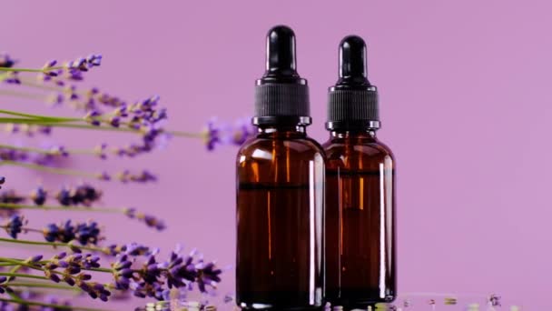 Ätherisches Lavendelöl. Glasflaschen ätherisches Öl und Lavendelblüten auf violettem Hintergrund. Essenz mit Lavendelduft. Aromatherapie und Massage. Kosmetik mit Lavendelextrakt — Stockvideo
