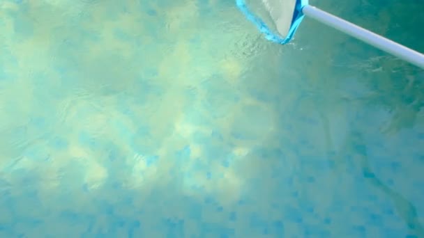 Καθαρισμός Πισίνας.Φιλτράρισμα του νερού με δίχτυ στην πισίνα. αργή κίνηση. — Αρχείο Βίντεο