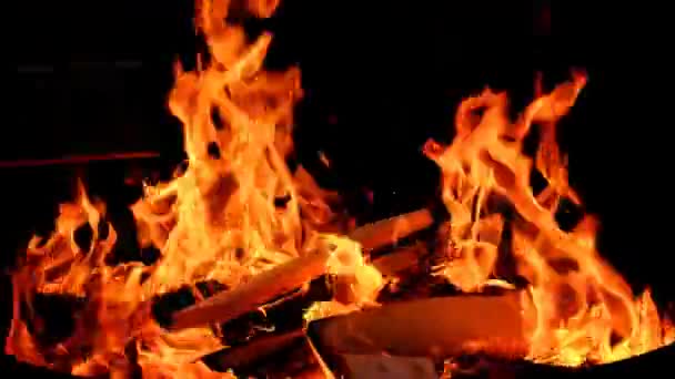 Fát dobunk a tűzbe.Lassú mozdulat.Szikrák és lángok. Égő máglya. Tűzifa máglyán égve. — Stock videók