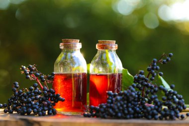Cam bir şişe içinde mürver şurubu ve bahçedeki ahşap bir masada bir demet mürver şurubu. Yeşil eczane ve homeopati. Tatlı sağlıklı mürver şurubu.. 