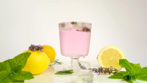 Лавандовий коктейль. Лавандовий лимонний напій. коктейль, лимони та квіти лаванди на білому тлі. Руки покласти лимон на склянку з коктейлем. Літні напої . — стокове відео