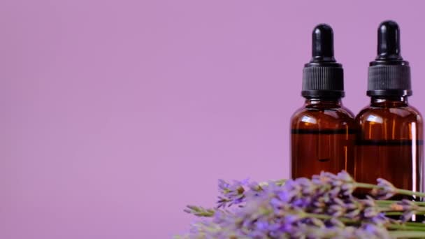 Etherische olie en bloemen van lavendel. Aromatherapie en massage. — Stockvideo