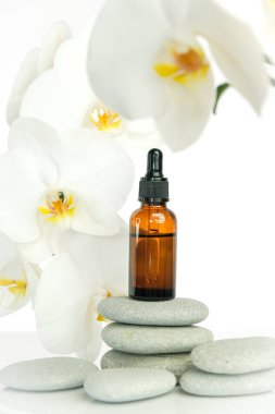 Masaj yağı ve masaj taşları. Gri taşlara masaj yağı sürülmüş kahverengi cam şişe ve beyaz arka planda orkide çiçeği. Spa ve aroma terapisi..