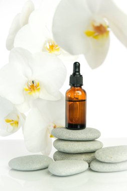 Masaj yağı ve masaj taşları. Gri taşlara masaj yağı sürülmüş kahverengi cam şişe ve beyaz arka planda orkide çiçeği. Spa ve aroma terapisi..