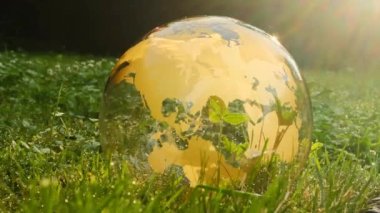 Dünya Günü. Ekolojik kavram. Yeşil çimlerde cam küre Su damlaları ve güneş ışınları