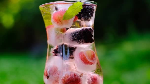 Літній напій. Мінеральна вода з ягодами м'яти та льодом. Коктейль з агрусом та ожиною, м'ята та кубиками льоду у склянці в літньому саду. Ягідний напій з льодом та мінеральною водою . — стокове відео
