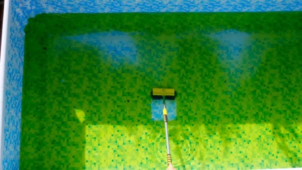Reiniging van het zomerbad van groene algen.Man borstelen van een zwembad.Algen in het zwembad. slow motion.Pool reinigingsgereedschap — Stockvideo