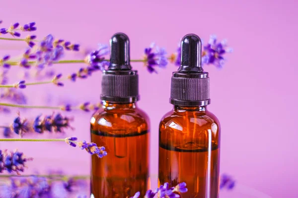 Lavanta esanslı yağ, romaterapi ve masaj. Lavanta aromalı mor bir arka planda yağ seti ve lavanta çiçekleri..