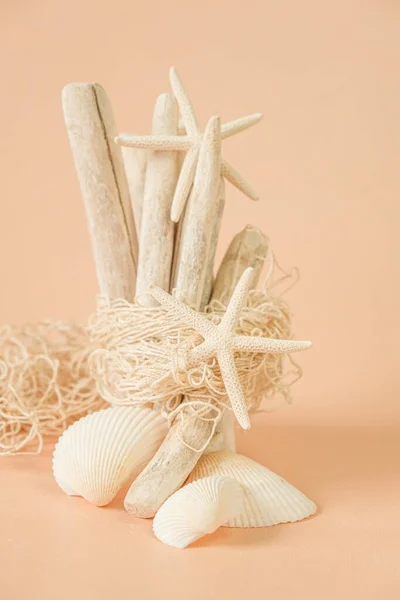 Driftwood background.Driftwood sticks, starfish and white fishing net on beige background.Natural wood decor in a notical style.Summer sea composition — стоковое фото