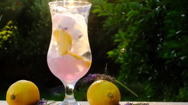 Lavender summer drink.cold summer drink is poured into a glass.Lavender Lemon Cocktail. Slow motion.Glass cocktail glass with lilac drink, lavender flowers, lemons and ice in the garden. — стоковое видео