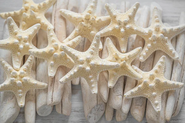 Marine summer Wallpaper. white starfish on driftwood sticks on board background.Summer nautical decor.Background in a marine style in white and beige tones — стоковое фото