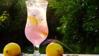 Lavantalı yaz içkisi. Soğuk, ferahlatıcı yaz içeceği bardağa doldurulur. Lavantalı limonlu kokteyl. Yaz bahçesinde leylak içeceği, lavanta çiçeği, limon ve buzlu cam kokteyl.