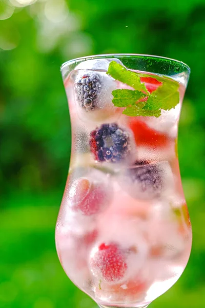 Un drink estivo. Cocktail di frutti di bosco Cocktail con uva spina e more, menta e ghiaccio in un bicchiere trasparente in un giardino estivo Bevanda di frutti di bosco con ghiaccio e acqua minerale. — Foto Stock