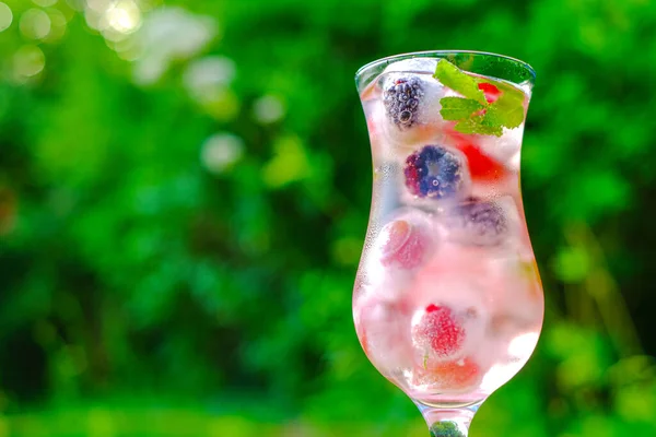 Un drink estivo. Cocktail di bacche Cocktail con uva spina e more, menta e cubetti di ghiaccio in un bicchiere trasparente in un giardino estivo . — Foto Stock