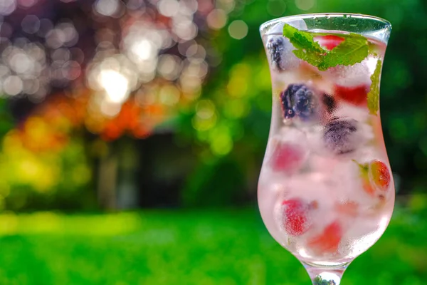 Un drink estivo. Cocktail di frutti di bosco Cocktail con uva spina e more, menta e cubetti di ghiaccio in un bicchiere trasparente in un giardino estivo. Bevanda di frutti di bosco con ghiaccio e acqua minerale. — Foto Stock