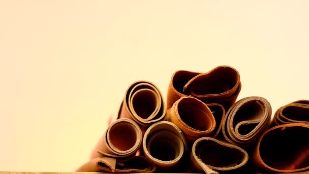 Rolls of brown leather. Genuine leather assortment.Raw materials for making accessories, shoes and clothes made of genuine leather — Video Stock
