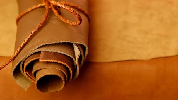 Texture of brown leather. Roll of skin close-up. Genuine brown leather — Video Stock