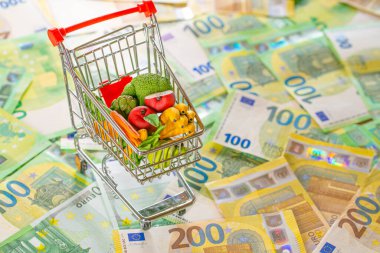Avrupa 'da gıda fiyatları. Avrupa 'da market sepeti. Yiyecek krizi. Avrupa Birliği 'nde artan gıda fiyatları. Avro banknotlarının arka planında market arabaları.