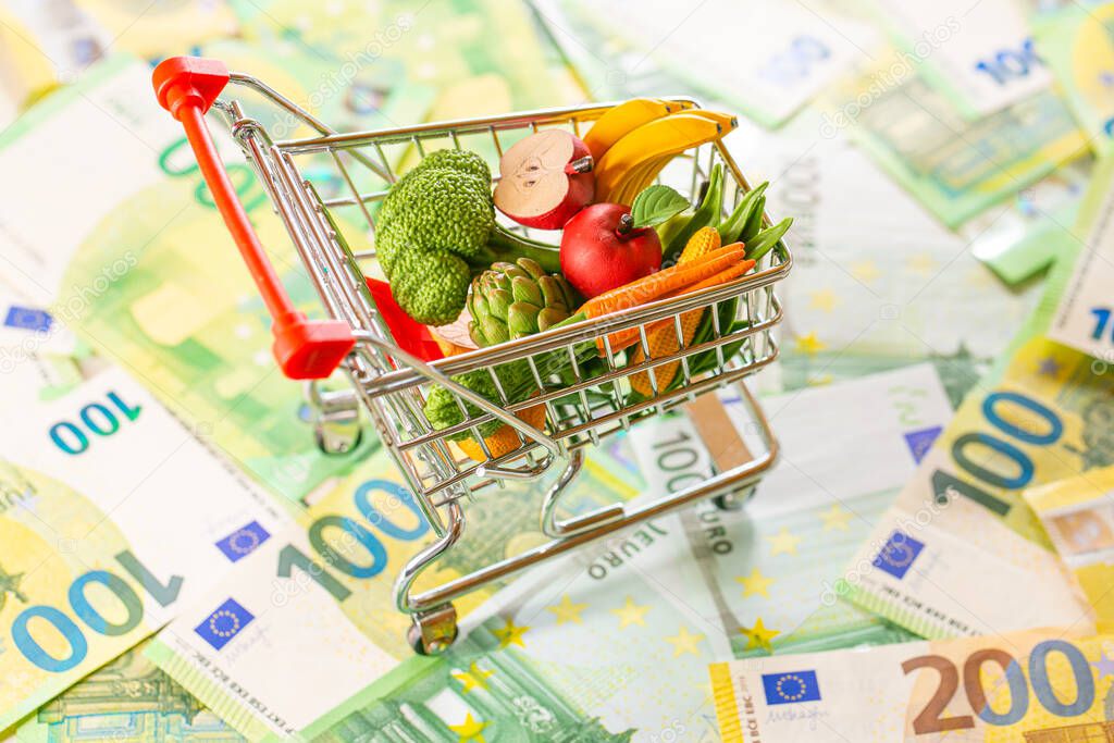 Food prices in Europe. Grocery basket in Europe.food crisis.supermarket trolley with groceries on euro banknotes background.Food basket in Eurozone