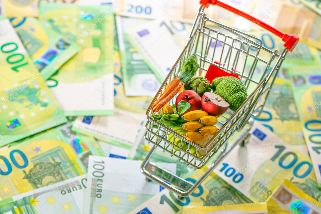 Food prices in Europe. Grocery basket in Europe.food crisis. Rising food prices in the European Union. supermarket trolley with groceries on euro banknotes background.Food basket in Eurozone