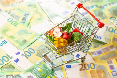  Yemek krizi. Avrupa Birliği 'nde artan gıda fiyatları. Avro banknotlarındaki bakkaliyeli dekoratif tramvay. Avrupa 'da market sepeti..
