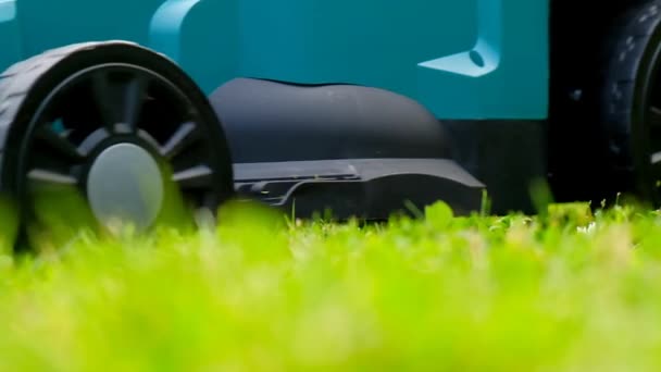 Grüner Rasenmäher Aus Nächster Nähe Mäht Den Rasen Sommergarten Gartengeräte — Stockvideo